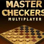체커 게임 보드 위에 MASTER CHECKERS MULTIPLAYER라는 글자가 있는 이미지