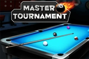 당구대 위에 여러 색깔의 당구공과 당구 큐가 놓여 있고 상단에 불타는 당구공과 함께 MASTER TOURNAMENT라는 글자가 있다