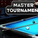 당구대 위에 여러 색깔의 당구공과 당구 큐가 놓여 있고 상단에 불타는 당구공과 함께 MASTER TOURNAMENT라는 글자가 있다