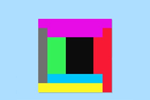 파란 배경 위에 여러 색상의 사각형과 직사각형이 모자이크처럼 배열된 이미지