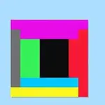 파란 배경 위에 여러 색상의 사각형과 직사각형이 모자이크처럼 배열된 이미지