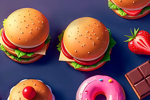 파란 배경 위에 햄버거 세 개, 딸기 한 개, 초콜릿 바 조각, 핑크 도넛과 작은 케이크가 흩어져 있는 모습