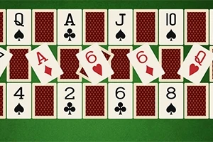 바닥에 배열된 여러 덱의 카드와 넘어진 카드들