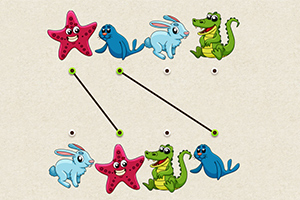 분홍색 불가사리, 파란 바다사자, 하늘색 토끼, 녹색 악어가 점과 선으로 연결된 이미지