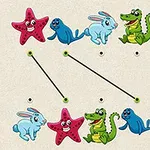 분홍색 불가사리, 파란 바다사자, 하늘색 토끼, 녹색 악어가 점과 선으로 연결된 이미지