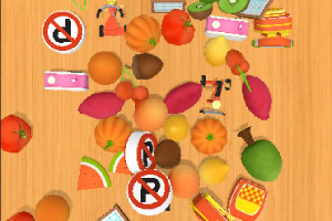 나무 바닥 위에 다양한 과일, 채소, 표지판, 장난감이 흩어져 있는 모습