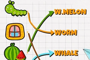 물방울 배경에 애벌레, 창문, 수박 그림과 W