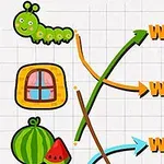 물방울 배경에 애벌레, 창문, 수박 그림과 W