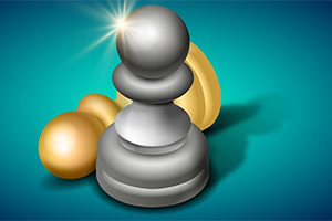 은색 폰 체스 말이 금색 배경 위에 빛나고 있는 장면