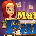 빨간 머리 여성이 책을 들고 있는 모습과 Math Fun이라는 큰 글자가 화면 중앙에 있습니다