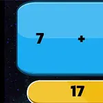 파란색 배경에 검정색 숫자 7 + 14가 있고 아래에 노란색 버튼에 숫자 17이 있습니다
