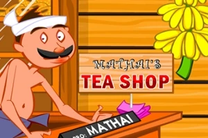 주황색 배경에 전통 의상을 입고 수염을 기른 남자가 차 가게 앞에 서 있으며, 간판에 MATHAIS TEA SHOP라고 적혀 있음