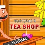 주황색 배경에 전통 의상을 입고 수염을 기른 남자가 차 가게 앞에 서 있으며, 간판에 MATHAIS TEA SHOP라고 적혀 있음