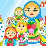 알록달록한 옷을 입은 여러 개의 마트료시카 인형이 나란히 서 있는 이미지