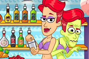 짧은 빨간 머리를 가진 여성이 보라색 수영복을 입고 바 뒤에서 음료를 만들고 있으며, 녹색 얼굴을 가진 캐릭터가 뒤에 서 있습니다