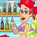 짧은 빨간 머리를 가진 여성이 보라색 수영복을 입고 바 뒤에서 음료를 만들고 있으며, 녹색 얼굴을 가진 캐릭터가 뒤에 서 있습니다