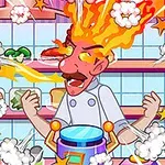 주방에서 요리사가 머리에서 불이 나는 장면