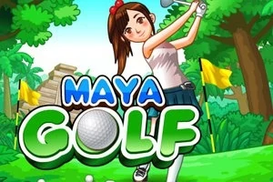 여성이 골프채를 휘두르는 모습과 Maya Golf 텍스트가 있는 만화 스타일의 이미지
