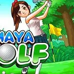 여성이 골프채를 휘두르는 모습과 Maya Golf 텍스트가 있는 만화 스타일의 이미지