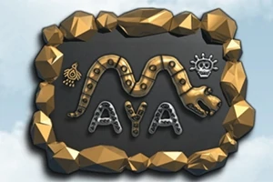 검은색 배경에 황금색 돌로 둘러싸여 있으며, 가운데에 뱀 형태와 해골 문양이 조각된 판이 있습니다