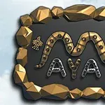 검은색 배경에 황금색 돌로 둘러싸여 있으며, 가운데에 뱀 형태와 해골 문양이 조각된 판이 있습니다