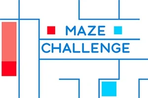 파란색 선으로 그려진 미로와 빨간색 및 파란색 사각형들, MAZE CHALLENGE라는 문구가 있는 이미지