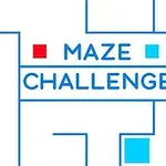 파란색 선으로 그려진 미로와 빨간색 및 파란색 사각형들, MAZE CHALLENGE라는 문구가 있는 이미지