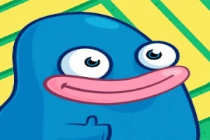 파란색 캐릭터가 두 눈을 크게 뜨고 웃고 있는 모습