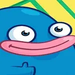 파란색 캐릭터가 두 눈을 크게 뜨고 웃고 있는 모습