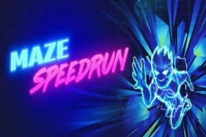파란색과 분홍색 네온 글씨로 MAZE SPEEDRUN이 쓰여 있고, 에너지 아우라로 둘러싸인 인물이 달리는 모습이 그려져 있다