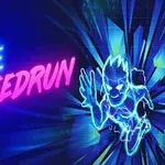 파란색과 분홍색 네온 글씨로 MAZE SPEEDRUN이 쓰여 있고, 에너지 아우라로 둘러싸인 인물이 달리는 모습이 그려져 있다