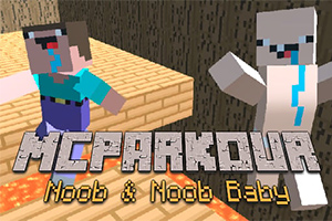 블록 캐릭터들이 나무 배경 위에서 달리고 있으며 MCPARKOUR Noob & Noob Baby라는 텍스트가 있습니다