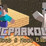 블록 캐릭터들이 나무 배경 위에서 달리고 있으며 MCPARKOUR Noob & Noob Baby라는 텍스트가 있습니다