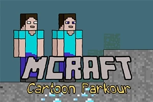 두 명의 픽셀 캐릭터가 플랫폼 위에 서 있고 MCRAFT Cartoon Parkour라는 텍스트가 있는 이미지