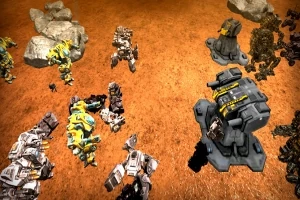 황토색 땅 위에 다양한 색상의 로봇과 기계 장비들이 모여 있는 장면