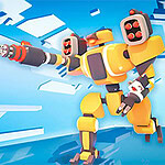 노란색과 회색의 로봇이 총을 들고 있고, 하늘에는 작은 드론들이 떠 있는 모습