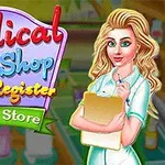 약국 배경 앞에 서 있는 간호사 복장의 금발 여성