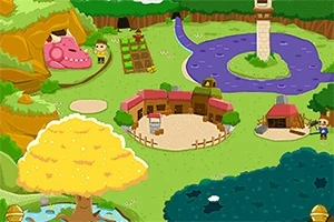 목초지와 강이 있는 마을, 분홍색 동굴, 농장, 수로 옆의 탑, 노란 나무가 있는 풍경