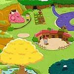 목초지와 강이 있는 마을, 분홍색 동굴, 농장, 수로 옆의 탑, 노란 나무가 있는 풍경