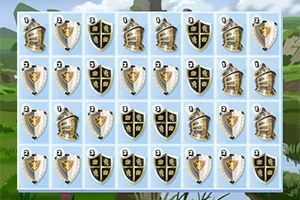 파란 배경에 각기 다른 문양의 방패와 동전 아이콘들이 나열되어 있는 이미지