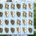 파란 배경에 각기 다른 문양의 방패와 동전 아이콘들이 나열되어 있는 이미지