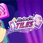 보라색 배경에 손가락이 음악 기호가 그려진 타일을 가리키고 있는 이미지