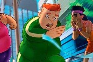 녹색 운동복을 입은 붉은 머리 남자가 도시에서 두 사람과 함께 달리고 있다