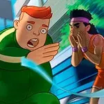 녹색 운동복을 입은 붉은 머리 남자가 도시에서 두 사람과 함께 달리고 있다