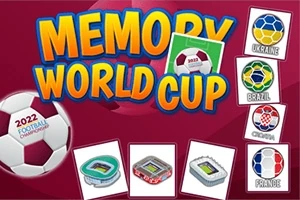축구 테마의 MEMORY WORLD CUP 텍스트와 함께 여러 나라의 축구 엠블럼 카드와 경기장 이미지가 있는 이미지