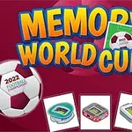 축구 테마의 MEMORY WORLD CUP 텍스트와 함께 여러 나라의 축구 엠블럼 카드와 경기장 이미지가 있는 이미지