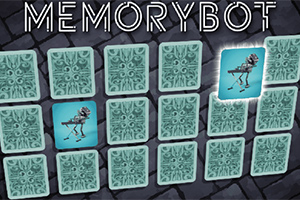 기억력 게임의 카드 배열과 뒤집힌 카드에 드러난 로봇 이미지