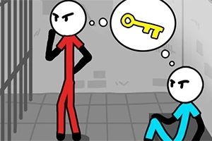 빨간색과 파란색 스틱맨이 감옥 안에 있으며, 파란색 스틱맨의 생각 거품에는 황색 열쇠가 있음