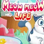 귀여운 흰색 고양이가 잔디 위에 앉아 있고, 주변에는 장난감과 상자가 있는 밝고 알록달록한 배경