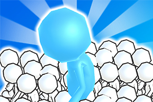 파란색 인물이 흰색 공들 앞에 서 있는 장면